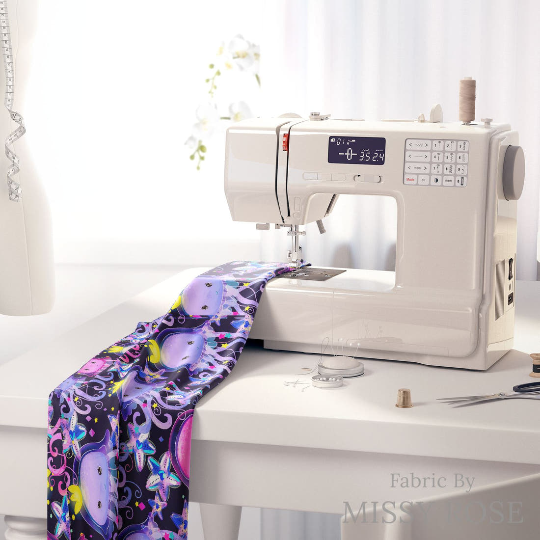 Design 348 Jelly Fish Fabric on a sewing machine – premium fabric for sewing projects | Fabric by Missy Rose