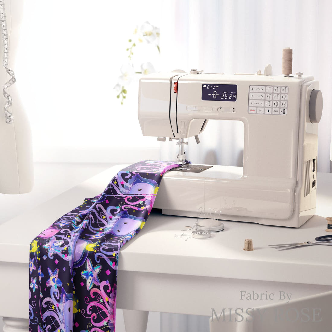 Design 348 Jelly Fish Fabric on a sewing machine – premium fabric for sewing projects | Fabric by Missy Rose