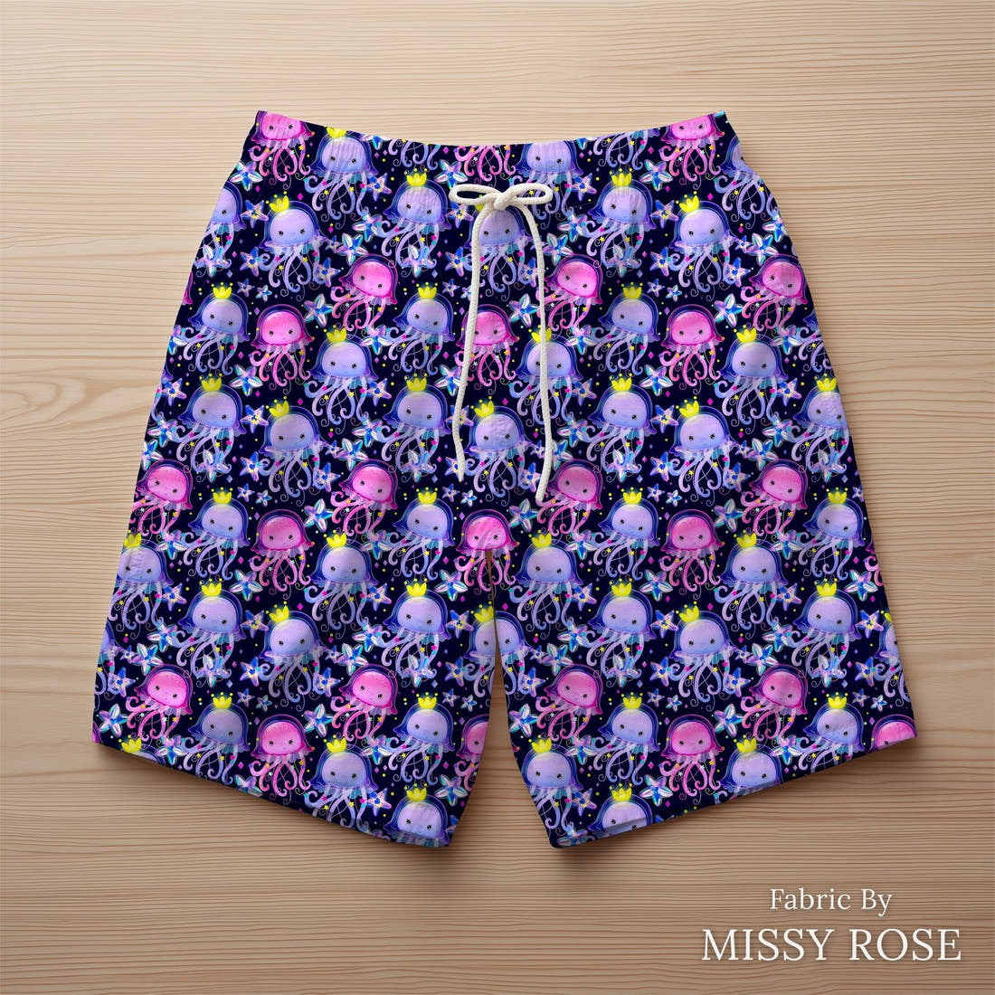 Design 348 Jelly Fish Fabric sewn into swim shorts – see how the print looks made up | Fabric by Missy Rose