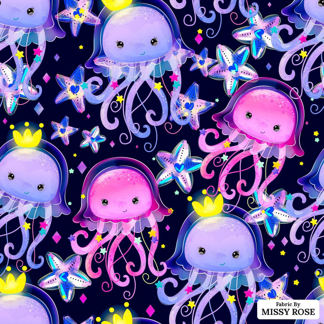 Design 348 Jelly Fish Fabric - flat view of the print, zoom in for detail | Fabric by Missy Rose