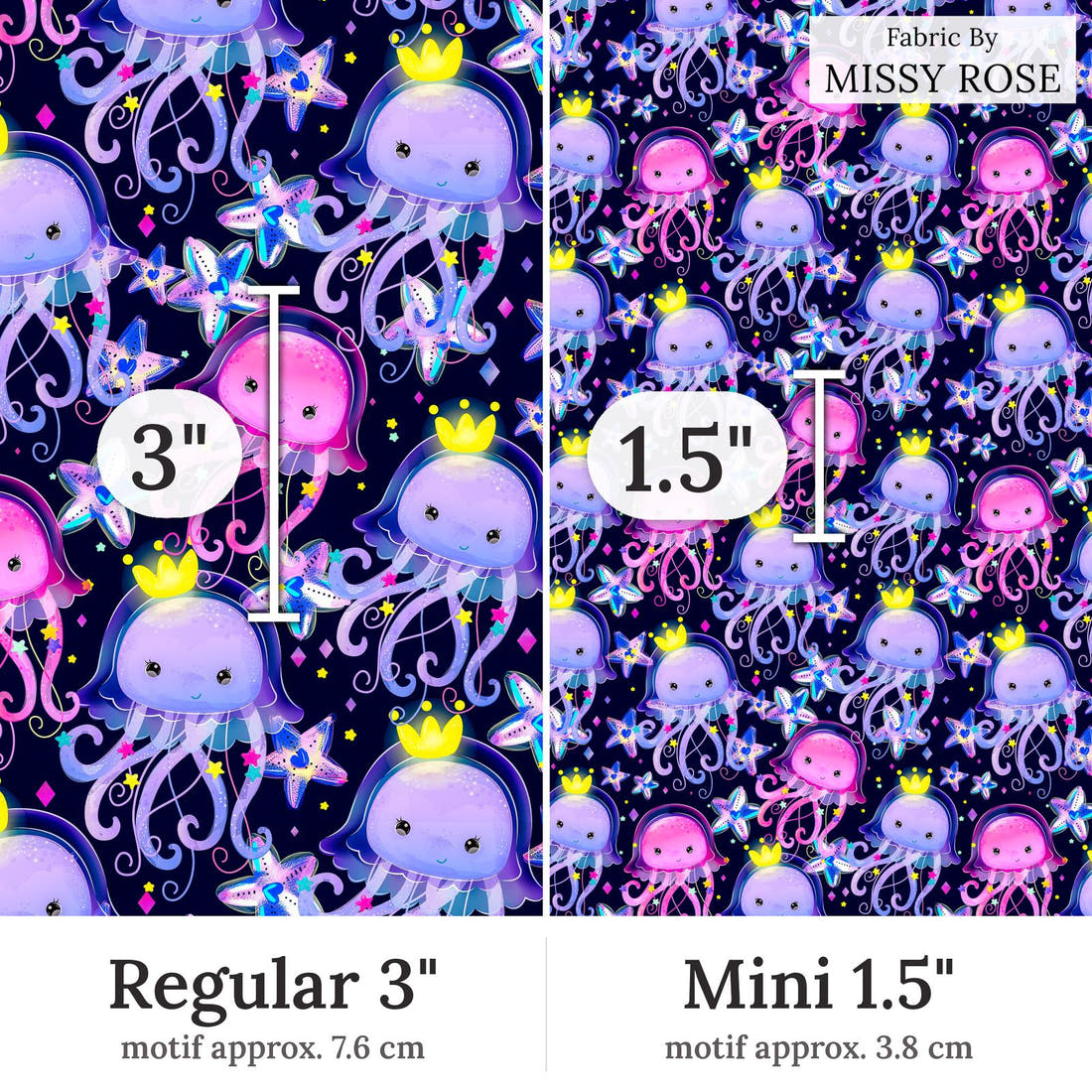 Design 348 Jelly Fish Fabric Regular 3 inch vs Mini 1.5 inch print scale side by side | Fabric by Missy Rose