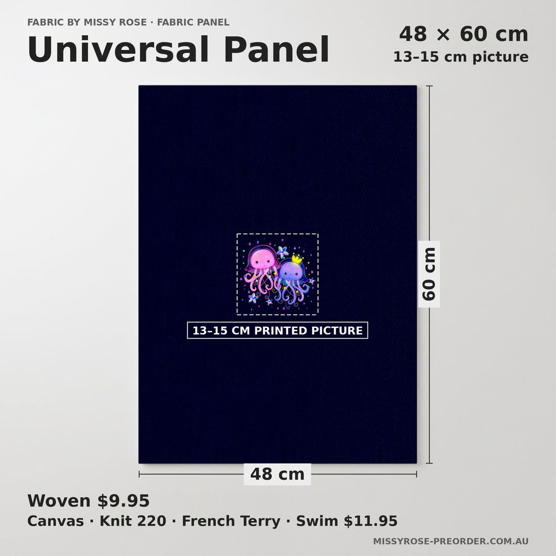 Design 348 Jelly Fish Panel universal panel sizing – 13–15 cm printed picture on 48 × 60 cm fabric | Fabric by Missy Rose