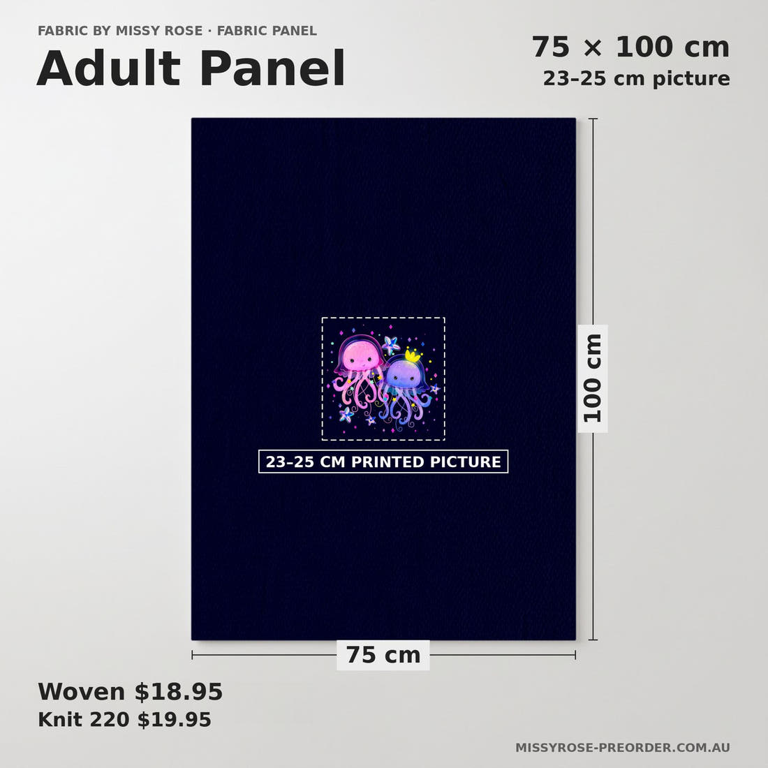 Design 348 Jelly Fish Panel adult panel sizing – 23–25 cm printed picture on 75 × 100 cm fabric | Fabric by Missy Rose