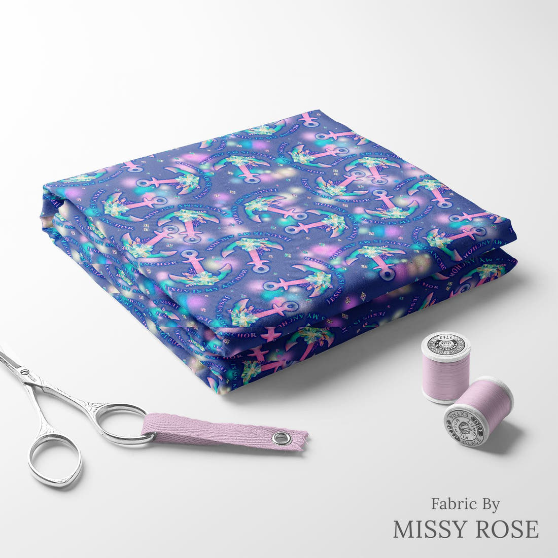 Design 349 Jesus Fabric folded fabric stack with matching thread – pre-order fabric Australia | Fabric by Missy Rose