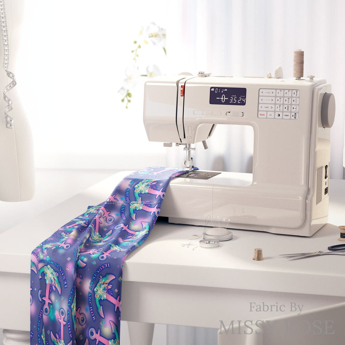 Design 349 Jesus Fabric on a sewing machine – premium fabric for sewing projects | Fabric by Missy Rose