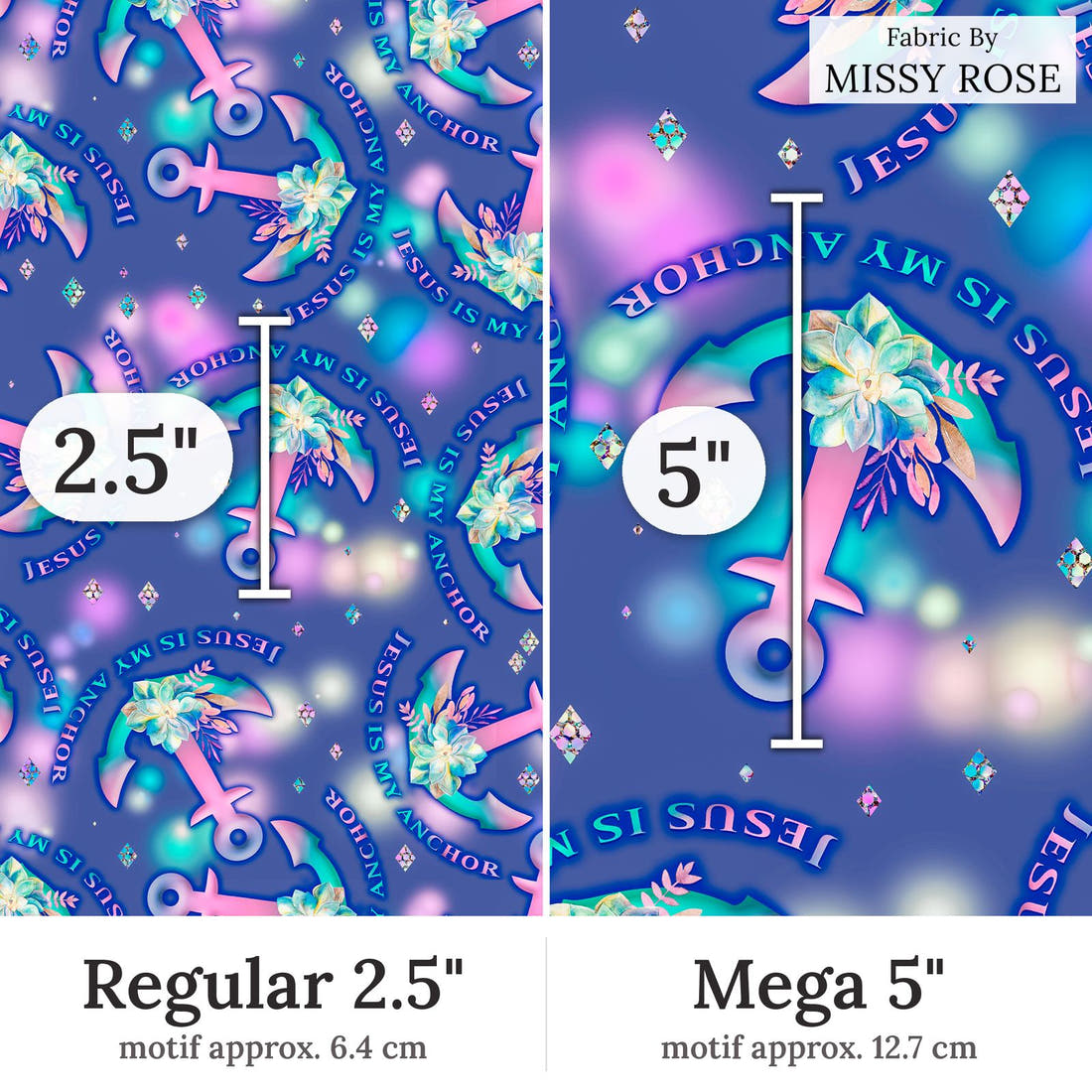 Design 349 Jesus Fabric Regular 2.5 inch vs Mega 5 inch print scale side by side | Fabric by Missy Rose