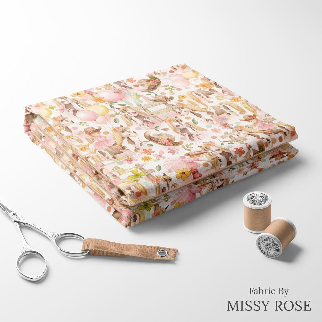 Design 35 Cowgirl Fabric folded fabric stack with matching thread – pre-order fabric Australia | Fabric by Missy Rose