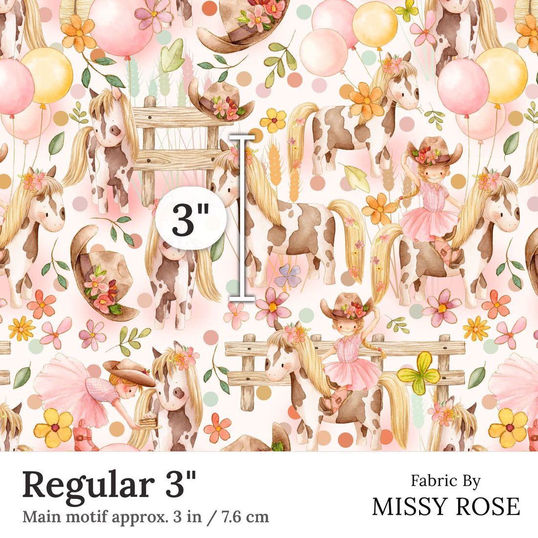 Design 35 Cowgirl Fabric Regular 3 inch print scale guide | Fabric by Missy Rose
