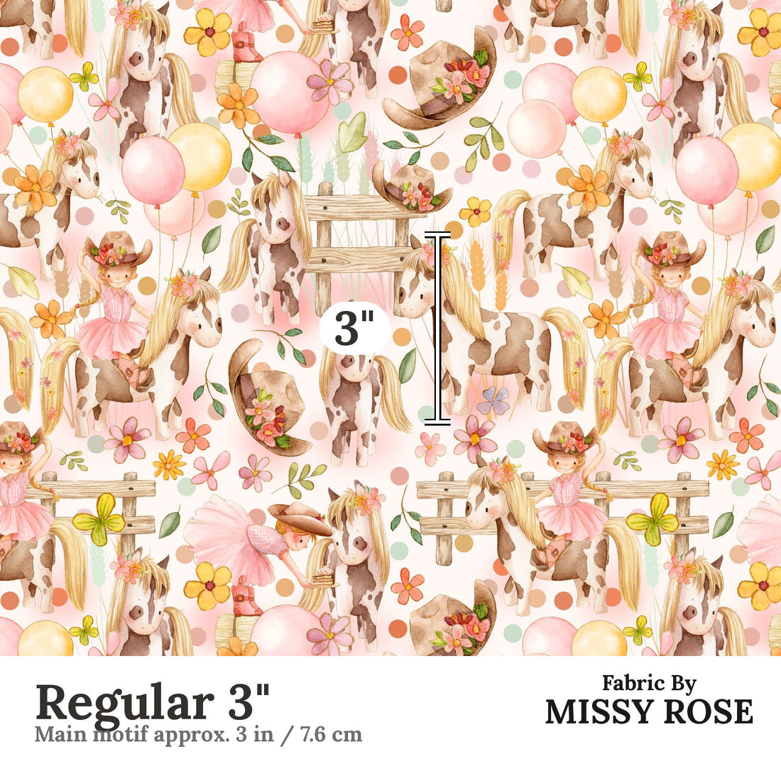 Design 35 Cowgirl Fabric Regular 3" - print scale | Fabric by Missy Rose
