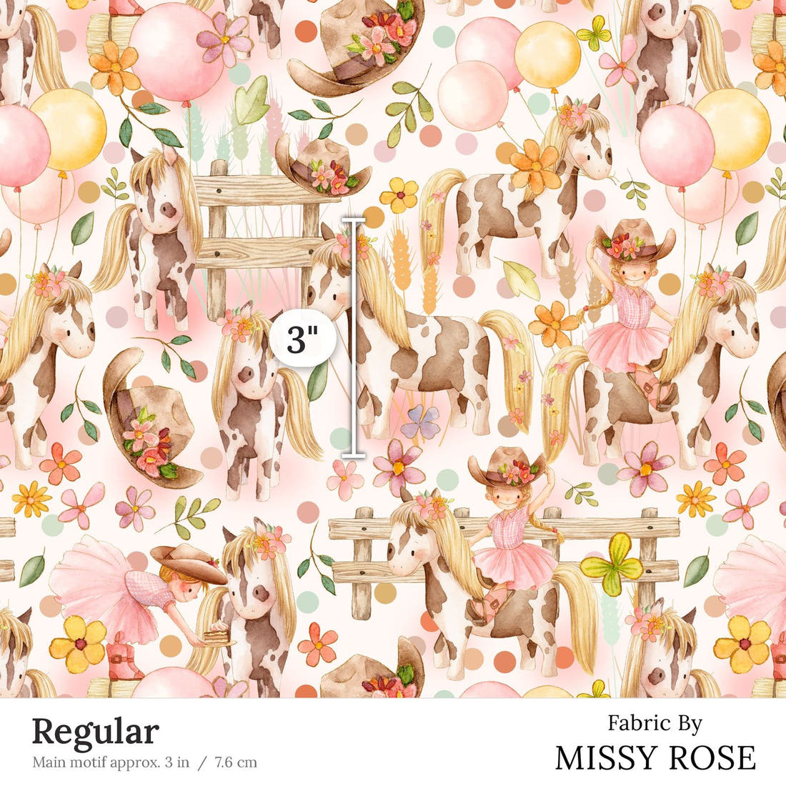 Design 35 Cowgirl Fabric Regular 3 inch print scale guide | Fabric by Missy Rose