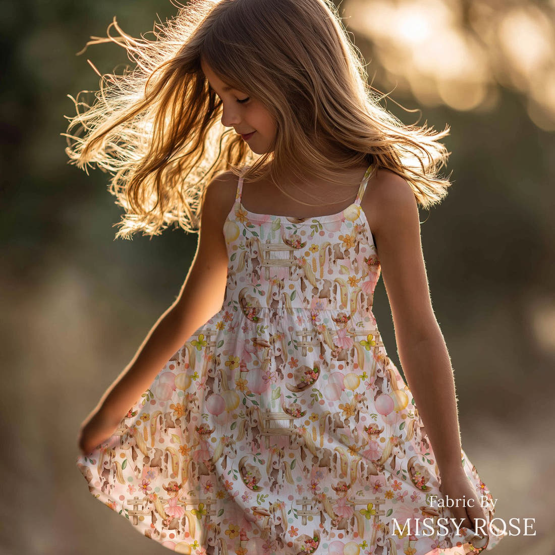 Design 35 Cowgirl Fabric sewn into a girls' dress – see how the print looks made up | Fabric by Missy Rose