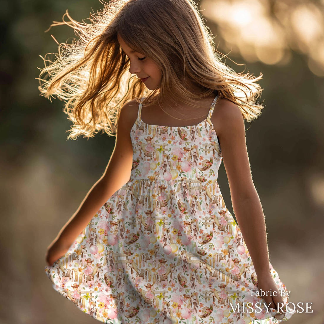 Design 35 Cowgirl Fabric sewn into a girls' dress – see how the print looks made up | Fabric by Missy Rose