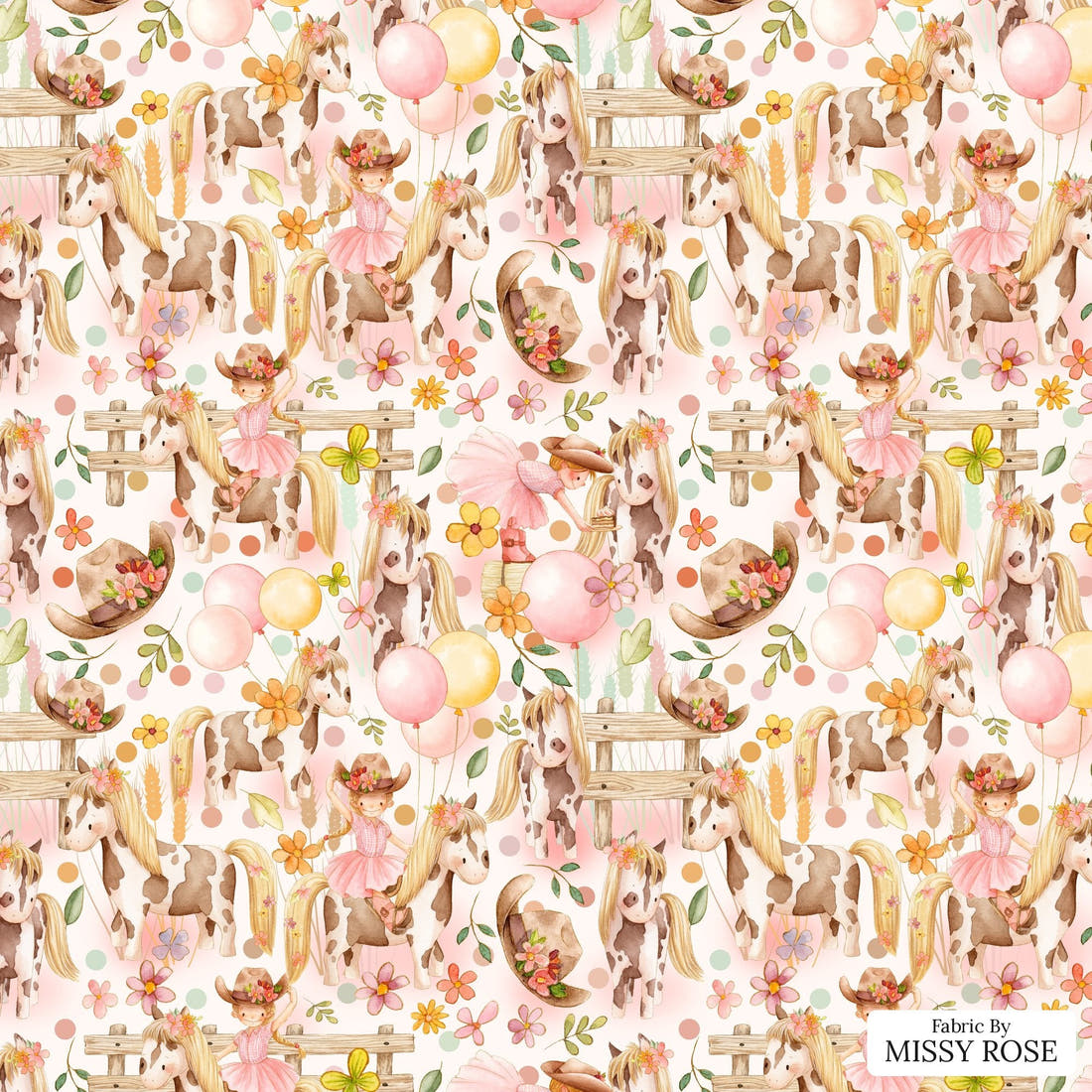 Design 35 Cowgirl Fabric - flat view of the print, zoom in for detail | Fabric by Missy Rose