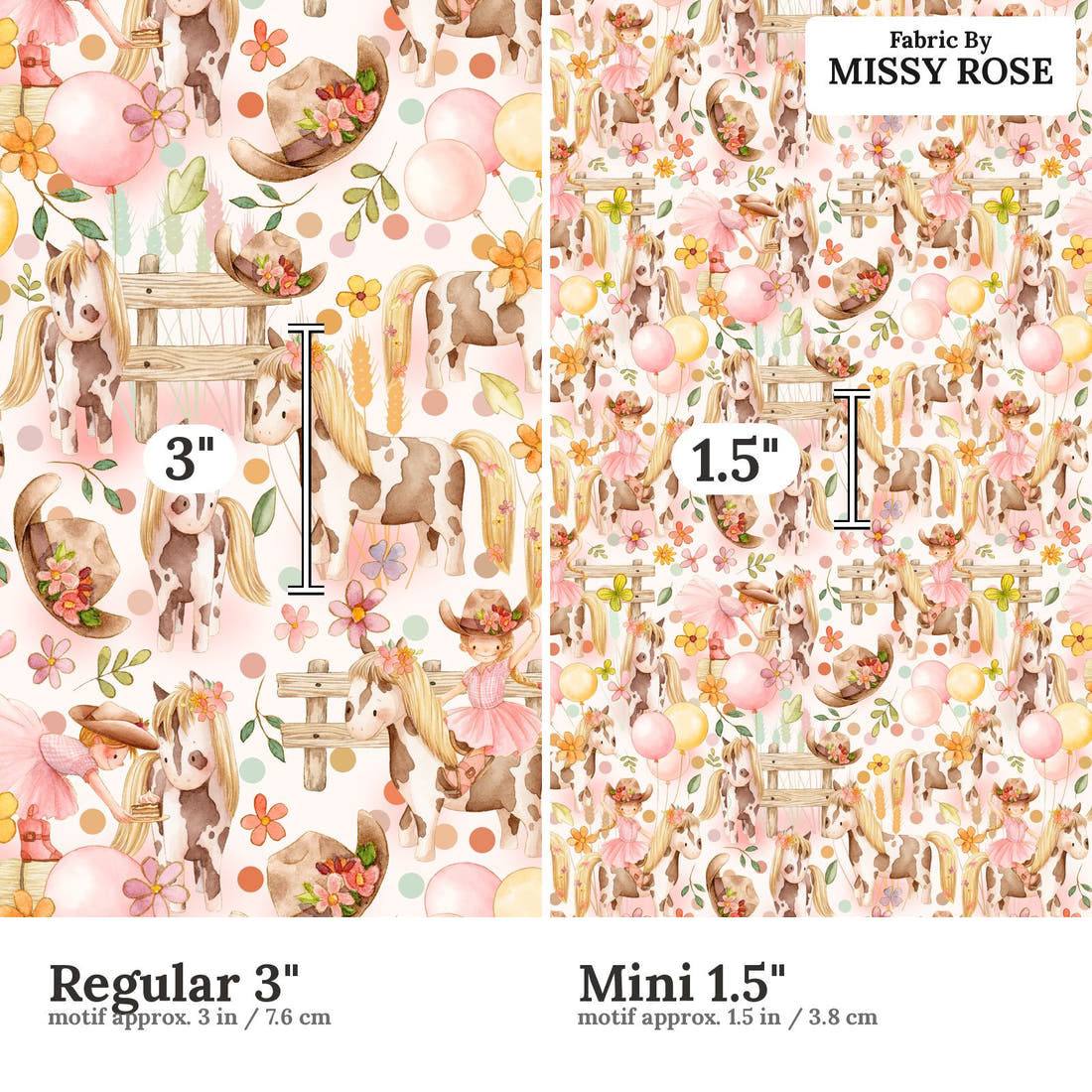 Design 35 Cowgirl Fabric size comparison - print scale | Fabric by Missy Rose