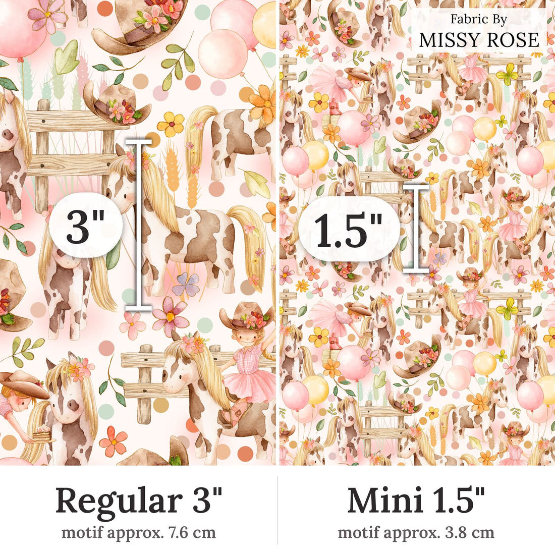 Design 35 Cowgirl Fabric Regular 3 inch vs Mini 1.5 inch print scale side by side | Fabric by Missy Rose