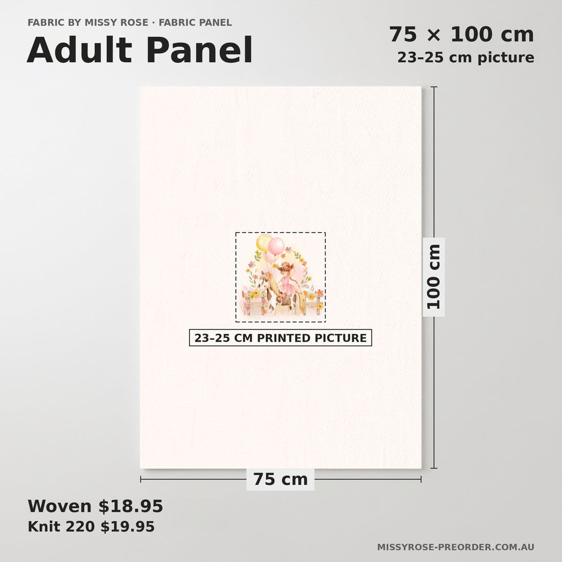 Design 35 Cowgirl Panel adult panel sizing – 23–25 cm printed picture on 75 × 100 cm fabric | Fabric by Missy Rose