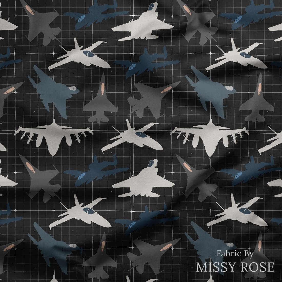 Design 350 Fighter Jet Fabric draped fabric mockup – custom printed fabric by the metre | Fabric by Missy Rose