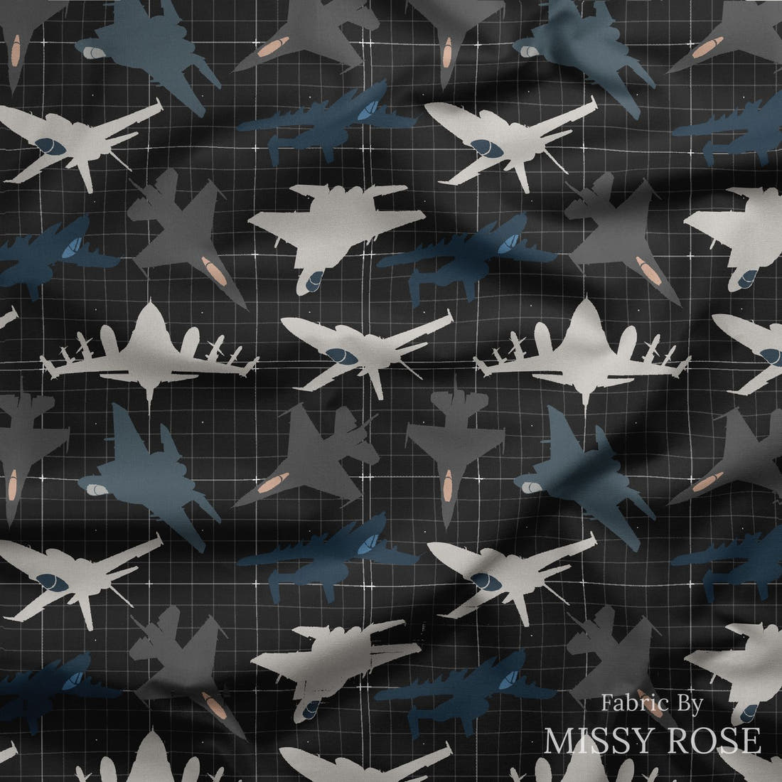 Design 350 Fighter Jet Fabric draped fabric mockup – custom printed fabric by the metre | Fabric by Missy Rose