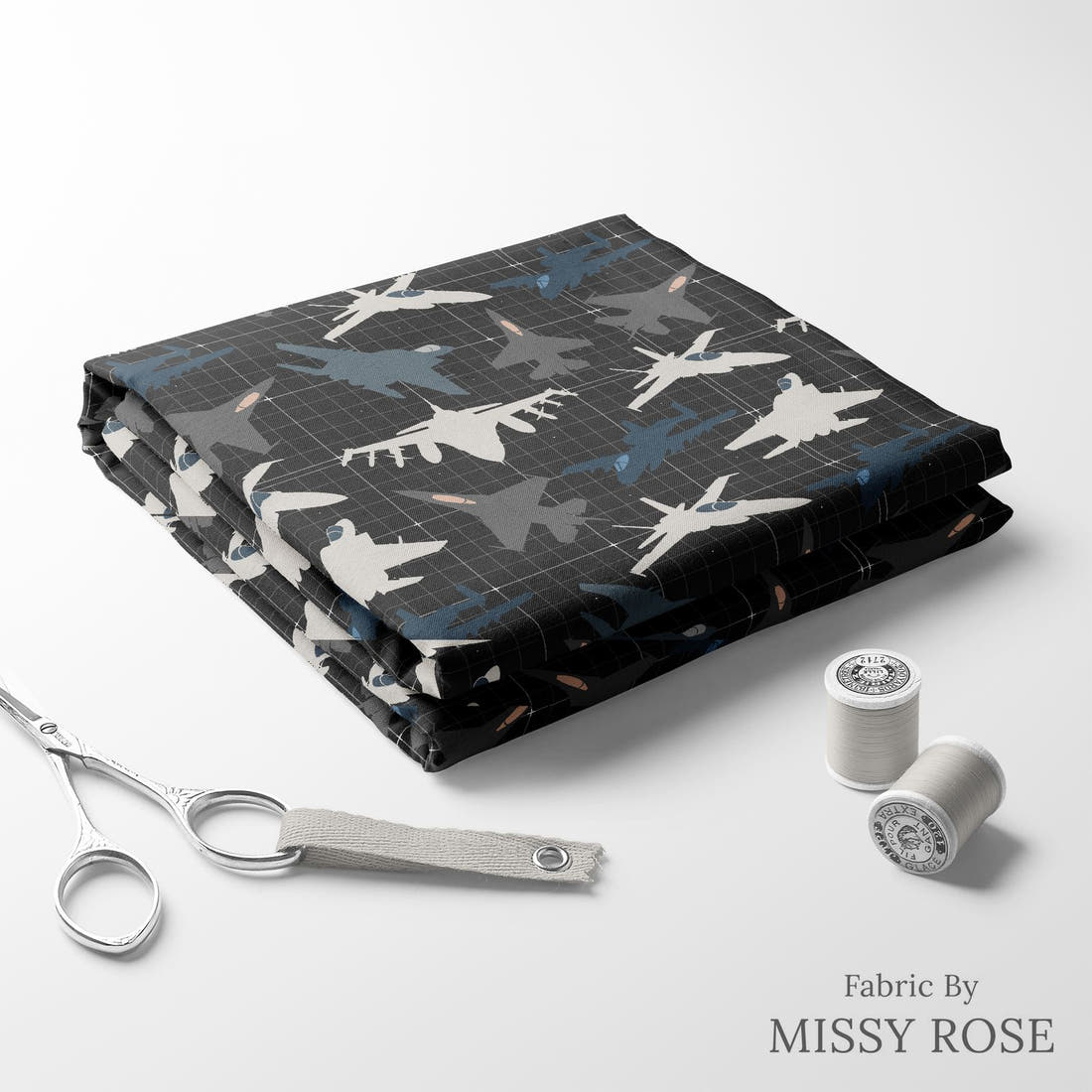 Design 350 Fighter Jet Fabric folded fabric stack with matching thread – pre-order fabric Australia | Fabric by Missy Rose