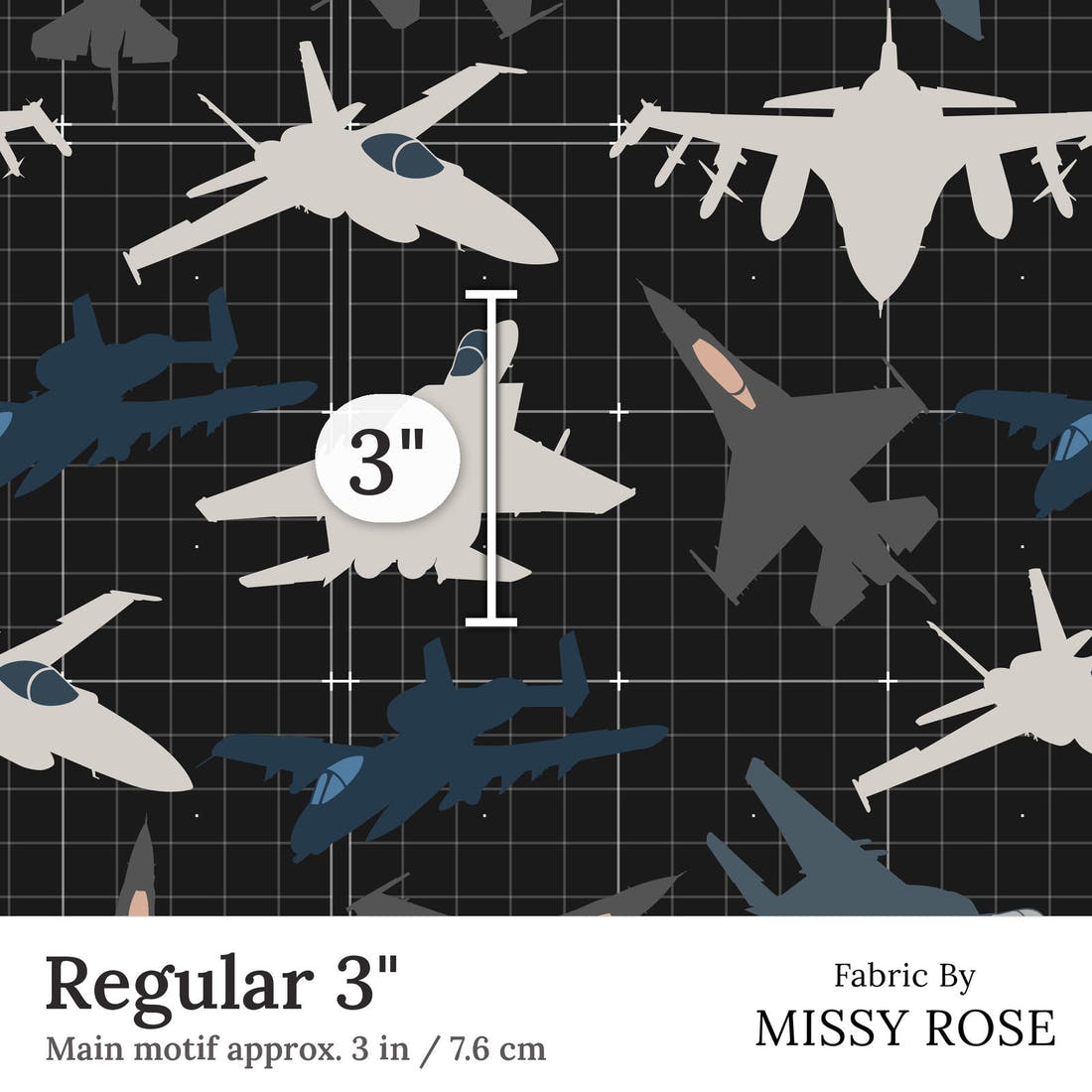 Design 350 Fighter Jet Fabric Regular 3 inch print scale guide | Fabric by Missy Rose