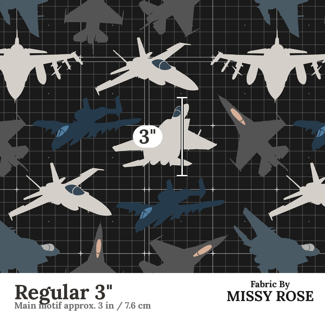 Design 350 Fighter Jet Fabric Regular 3" - print scale | Fabric by Missy Rose