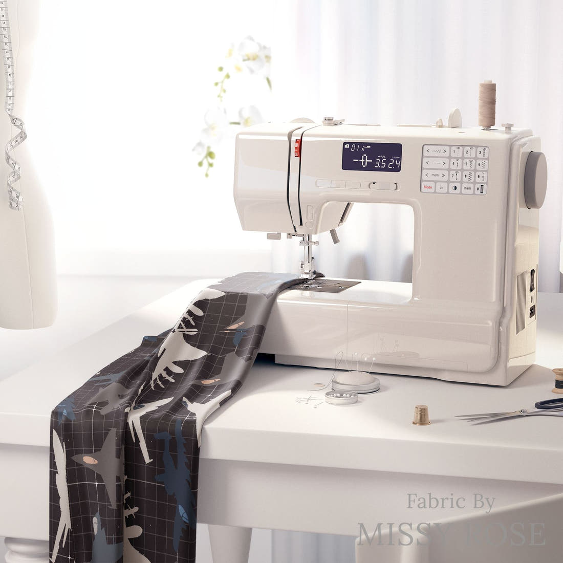 Design 350 Fighter Jet Fabric on a sewing machine – premium fabric for sewing projects | Fabric by Missy Rose