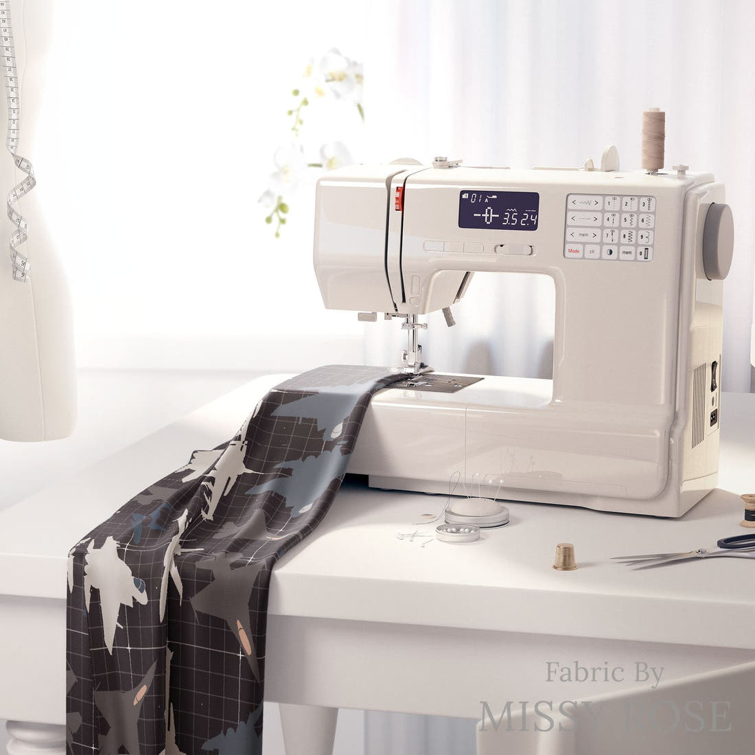 Design 350 Fighter Jet Fabric on a sewing machine – premium fabric for sewing projects | Fabric by Missy Rose