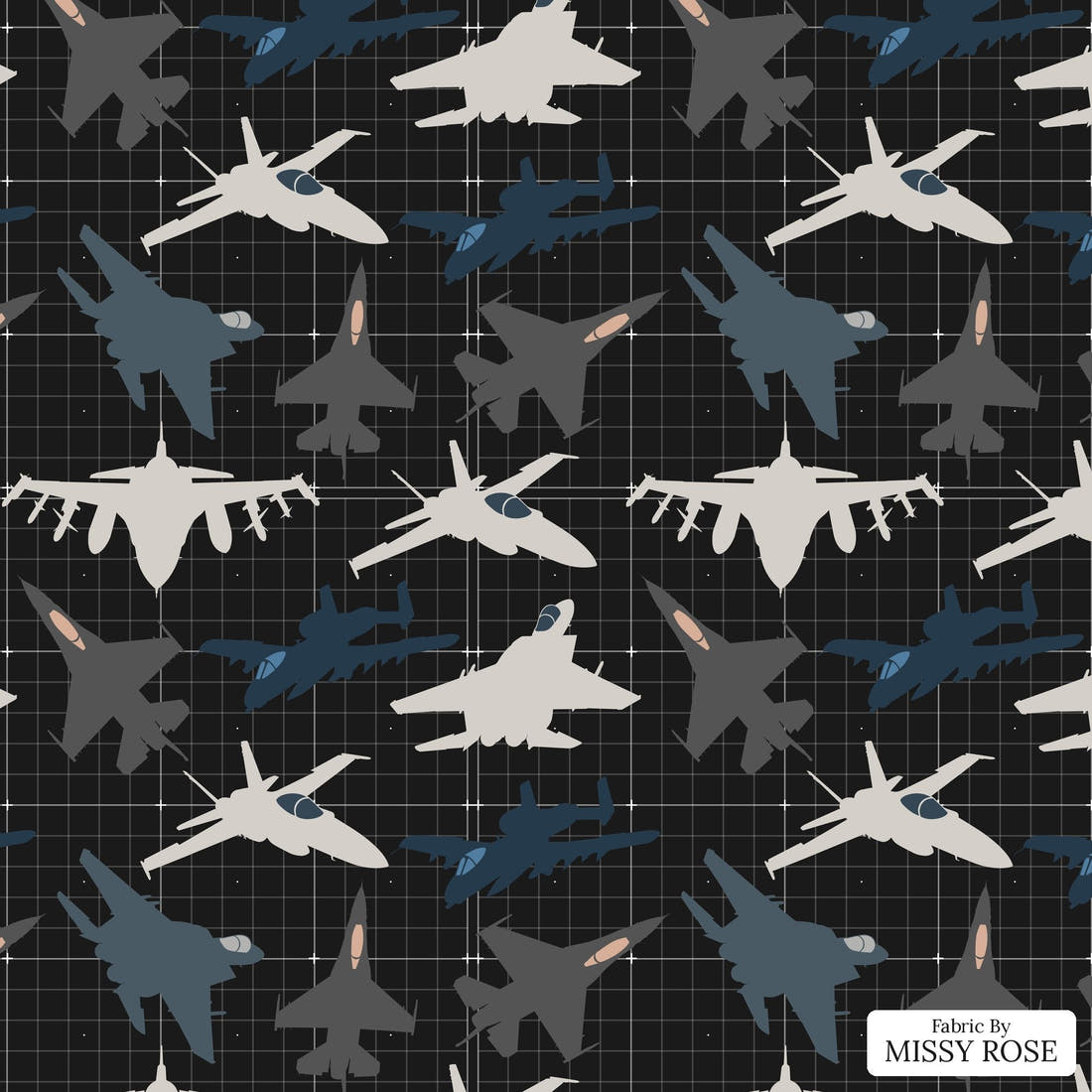 Design 350 Fighter Jet Fabric - flat view of the print, zoom in for detail | Fabric by Missy Rose