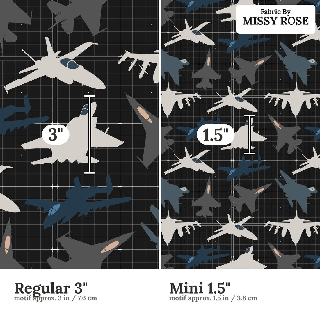 Design 350 Fighter Jet Fabric size comparison - print scale | Fabric by Missy Rose