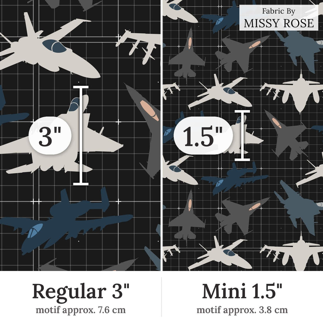 Design 350 Fighter Jet Fabric Regular 3 inch vs Mini 1.5 inch print scale side by side | Fabric by Missy Rose