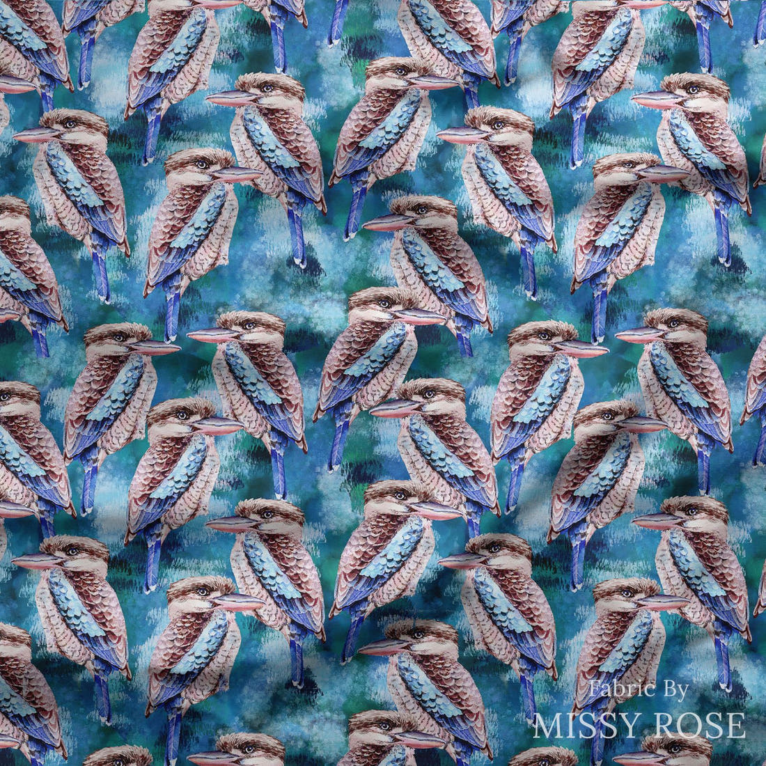 Design 351 Kookaburra Fabric draped fabric mockup – custom printed fabric by the metre | Fabric by Missy Rose