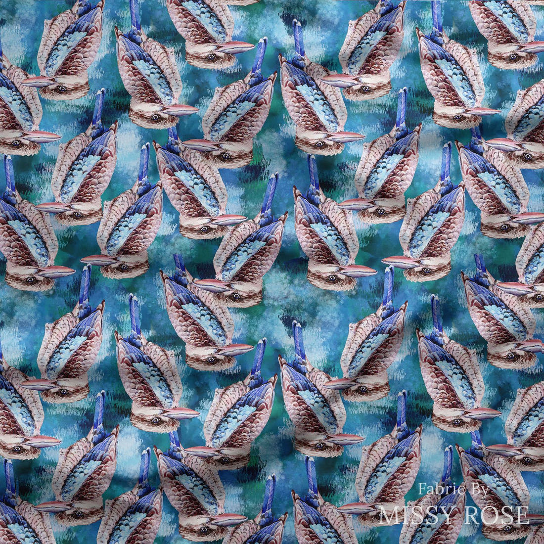 Design 351 Kookaburra Fabric draped fabric mockup – custom printed fabric by the metre | Fabric by Missy Rose