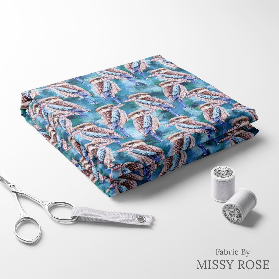 Design 351 Kookaburra Fabric folded fabric stack with matching thread – pre-order fabric Australia | Fabric by Missy Rose
