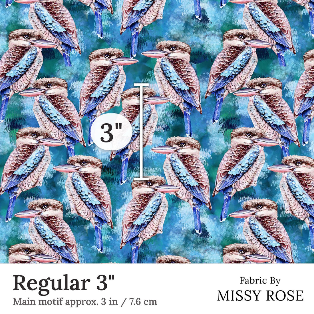 Design 351 Kookaburra Fabric Regular 3 inch print scale guide | Fabric by Missy Rose