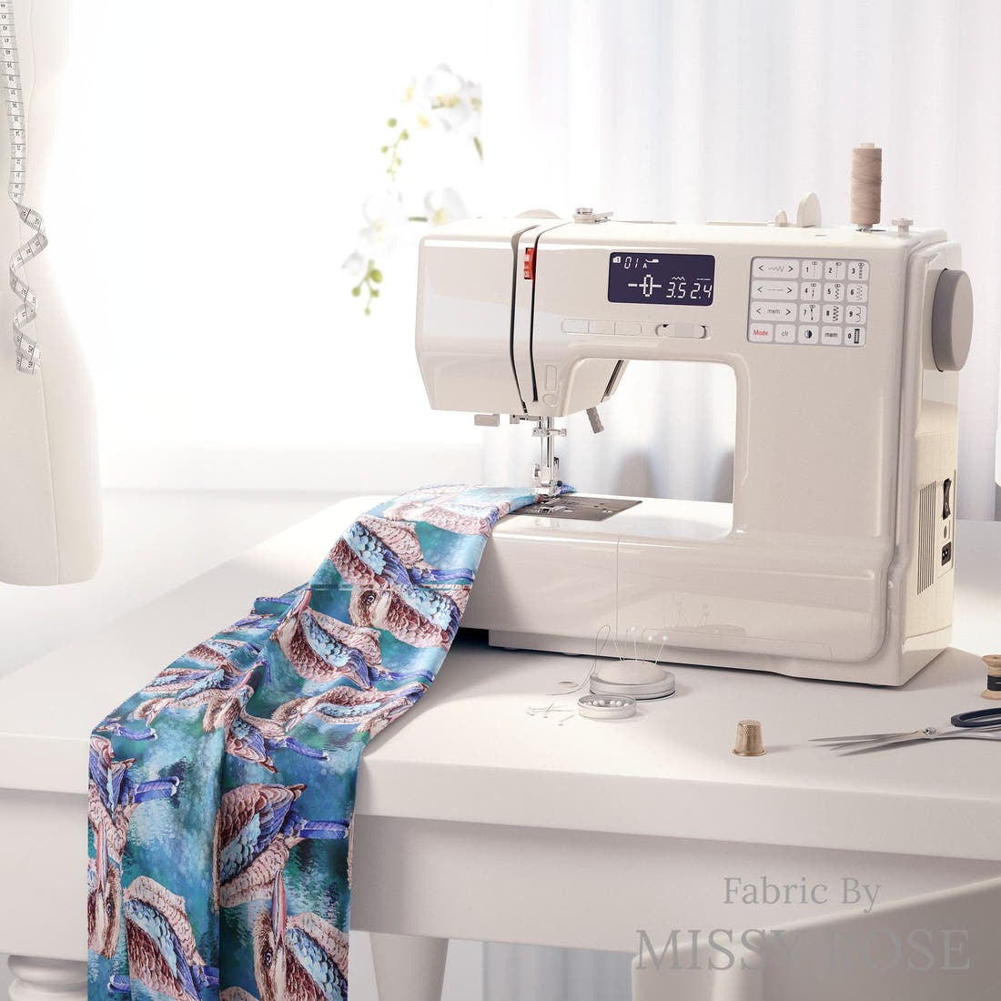 Design 351 Kookaburra Fabric on a sewing machine – premium fabric for sewing projects | Fabric by Missy Rose