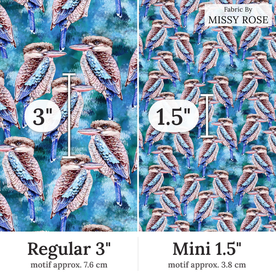 Design 351 Kookaburra Fabric Regular 3 inch vs Mini 1.5 inch print scale side by side | Fabric by Missy Rose