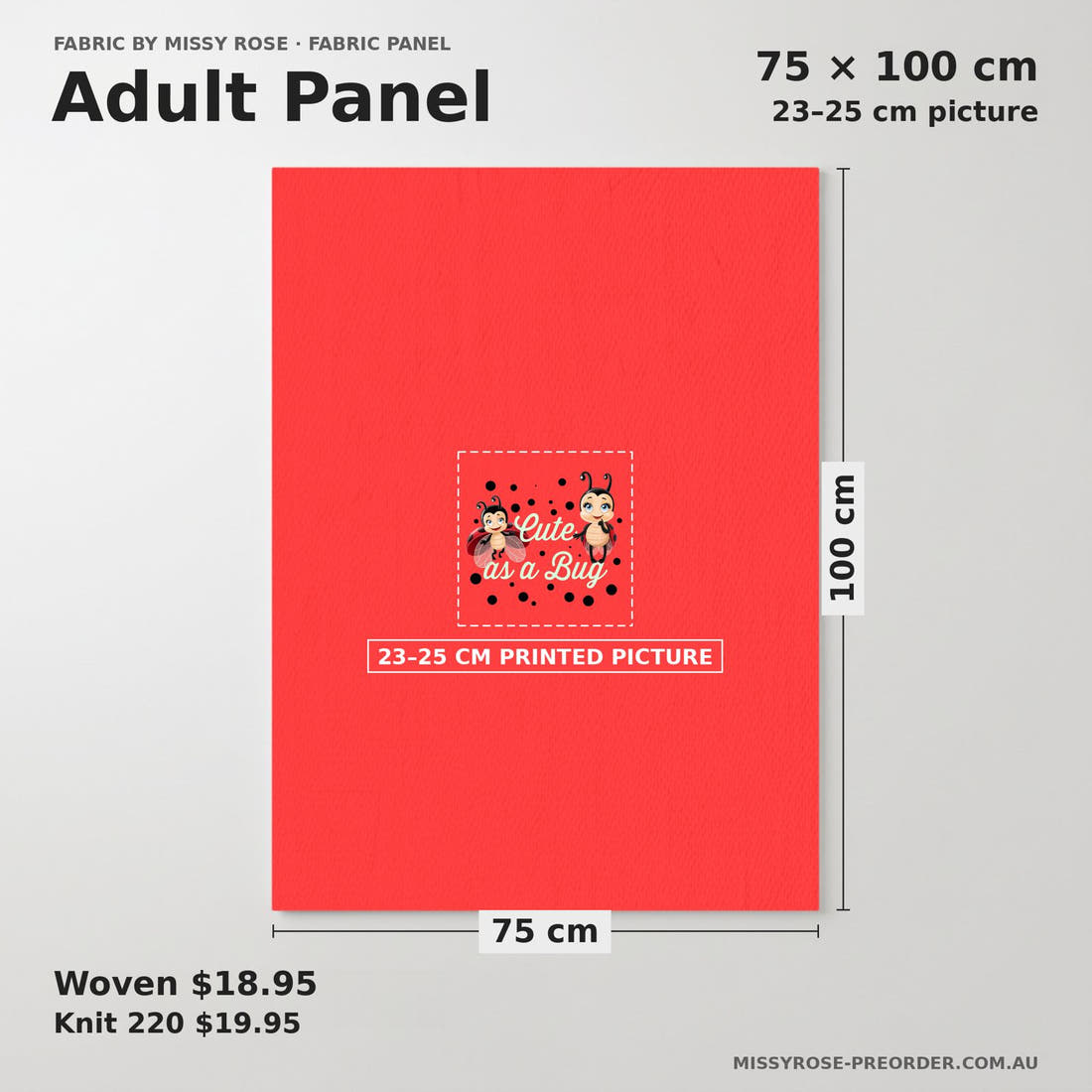 Design 352 Red Lady Bug Panel adult panel sizing – 23–25 cm printed picture on 75 × 100 cm fabric | Fabric by Missy Rose