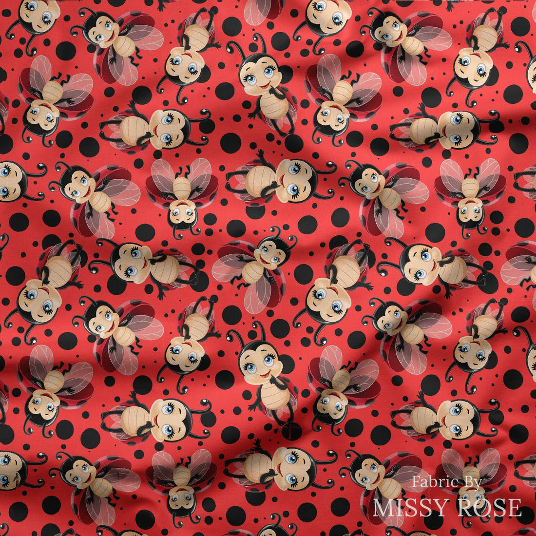 Design 352 Red Lady Bug Fabric draped fabric mockup – custom printed fabric by the metre | Fabric by Missy Rose