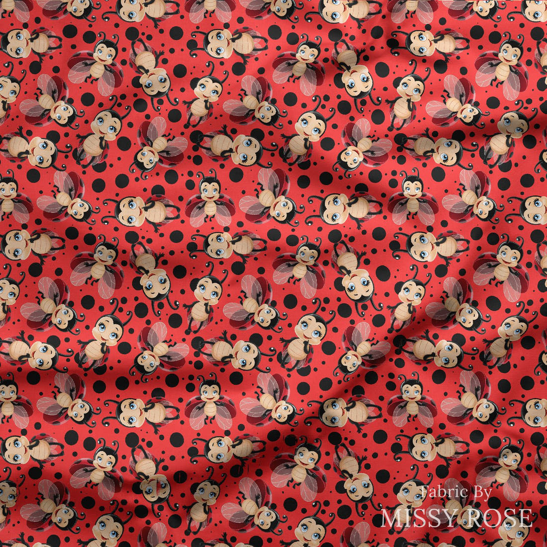 Design 352 Red Lady Bug Fabric draped fabric mockup – custom printed fabric by the metre | Fabric by Missy Rose