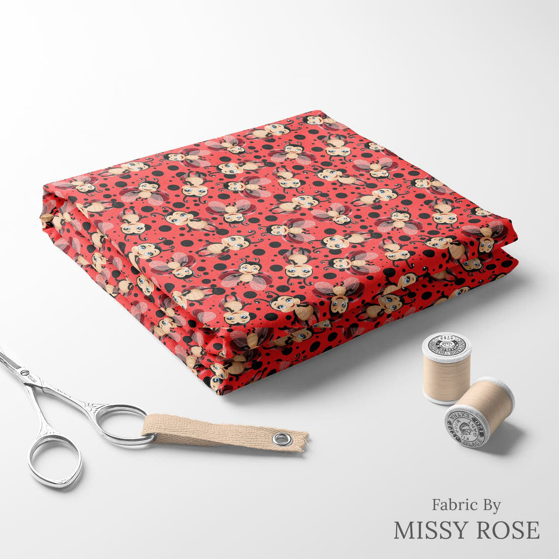 Design 352 Red Lady Bug Fabric folded fabric stack with matching thread – pre-order fabric Australia | Fabric by Missy Rose