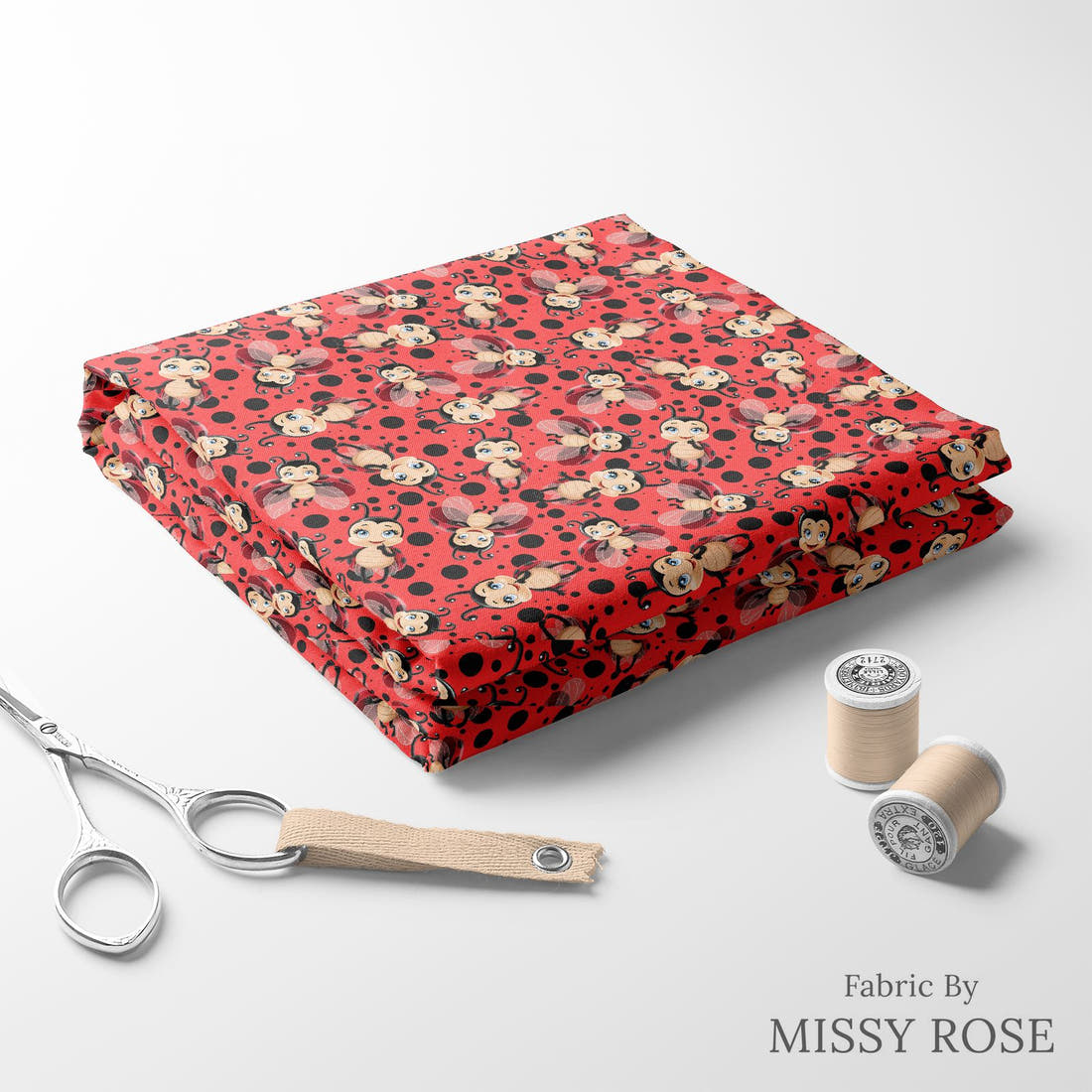 Design 352 Red Lady Bug Fabric folded fabric stack with matching thread – pre-order fabric Australia | Fabric by Missy Rose