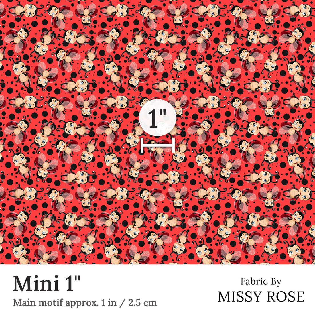 Design 352 Red Lady Bug Fabric Mini 1 inch print scale guide | Fabric by Missy Rose