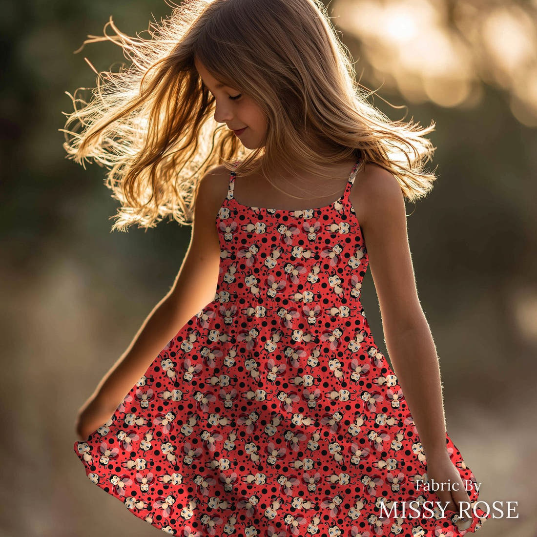 Design 352 Red Lady Bug Fabric sewn into a girls' dress – see how the print looks made up | Fabric by Missy Rose