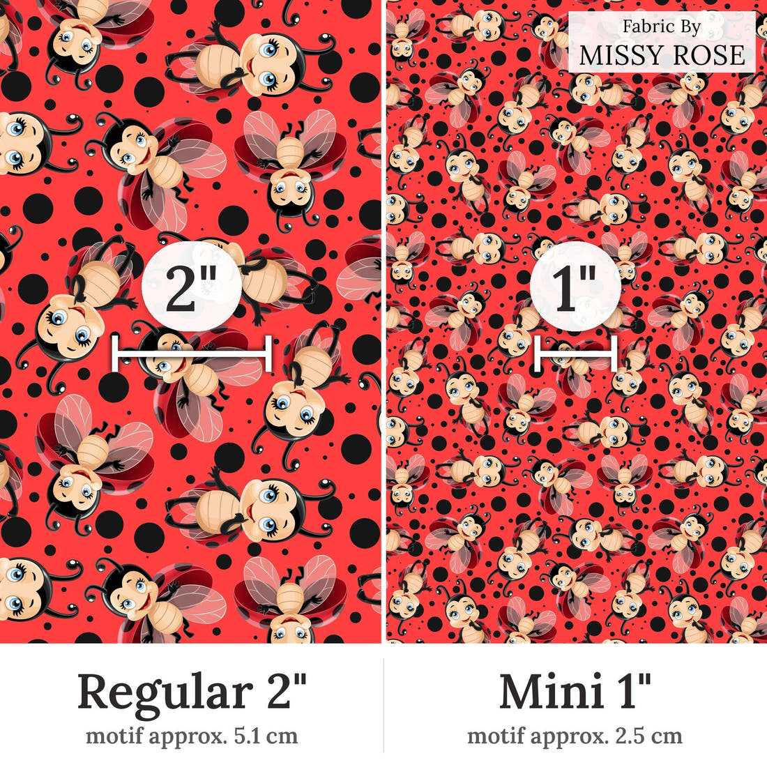 Design 352 Red Lady Bug Fabric Regular 2 inch vs Mini 1 inch print scale side by side | Fabric by Missy Rose