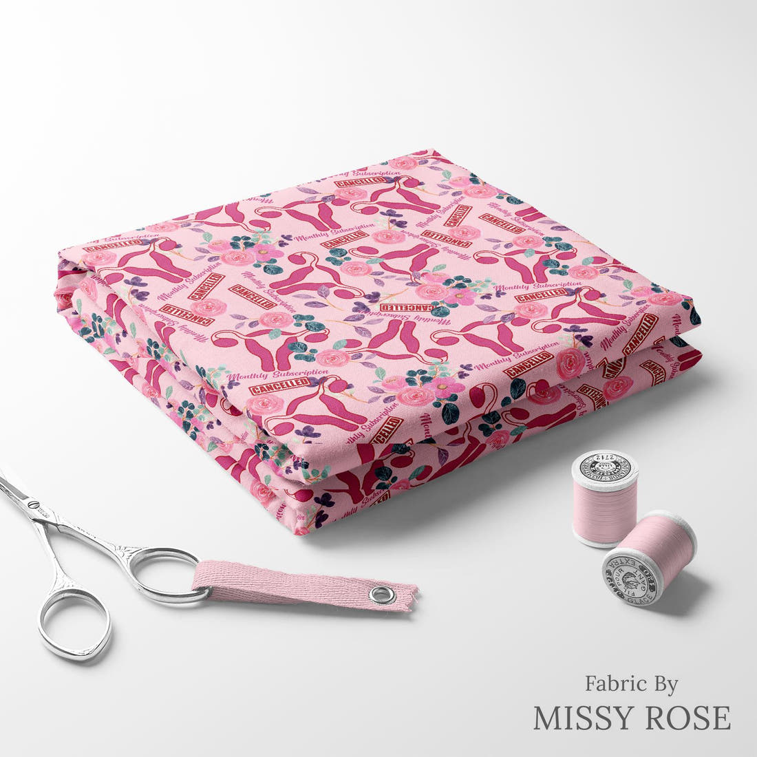 Design 353 Cancelled Fabric folded fabric stack with matching thread – pre-order fabric Australia | Fabric by Missy Rose