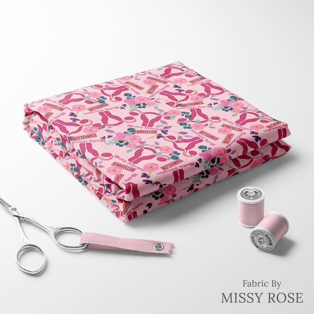Design 353 Cancelled Fabric folded fabric stack with matching thread – pre-order fabric Australia | Fabric by Missy Rose