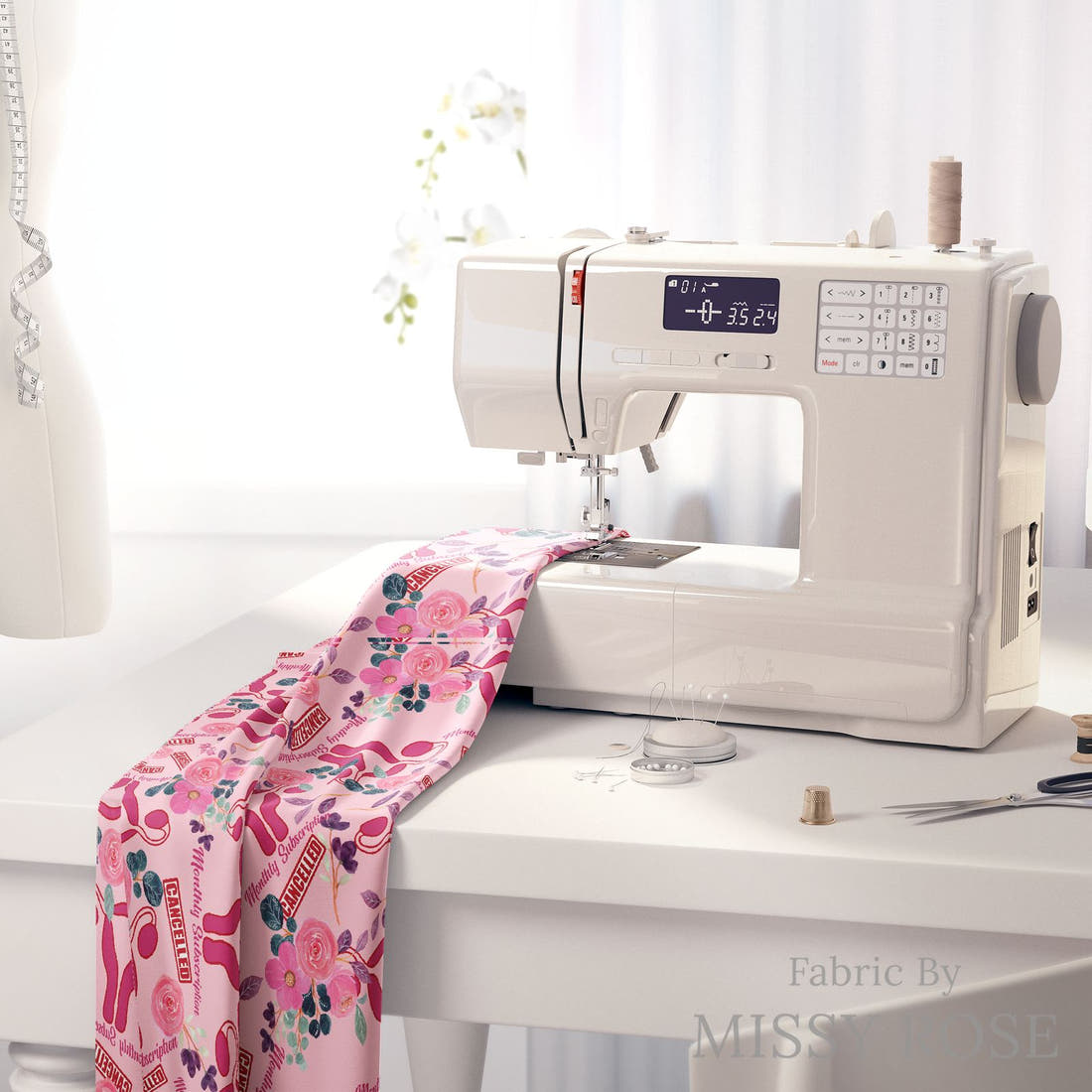 Design 353 Cancelled Fabric on a sewing machine – premium fabric for sewing projects | Fabric by Missy Rose