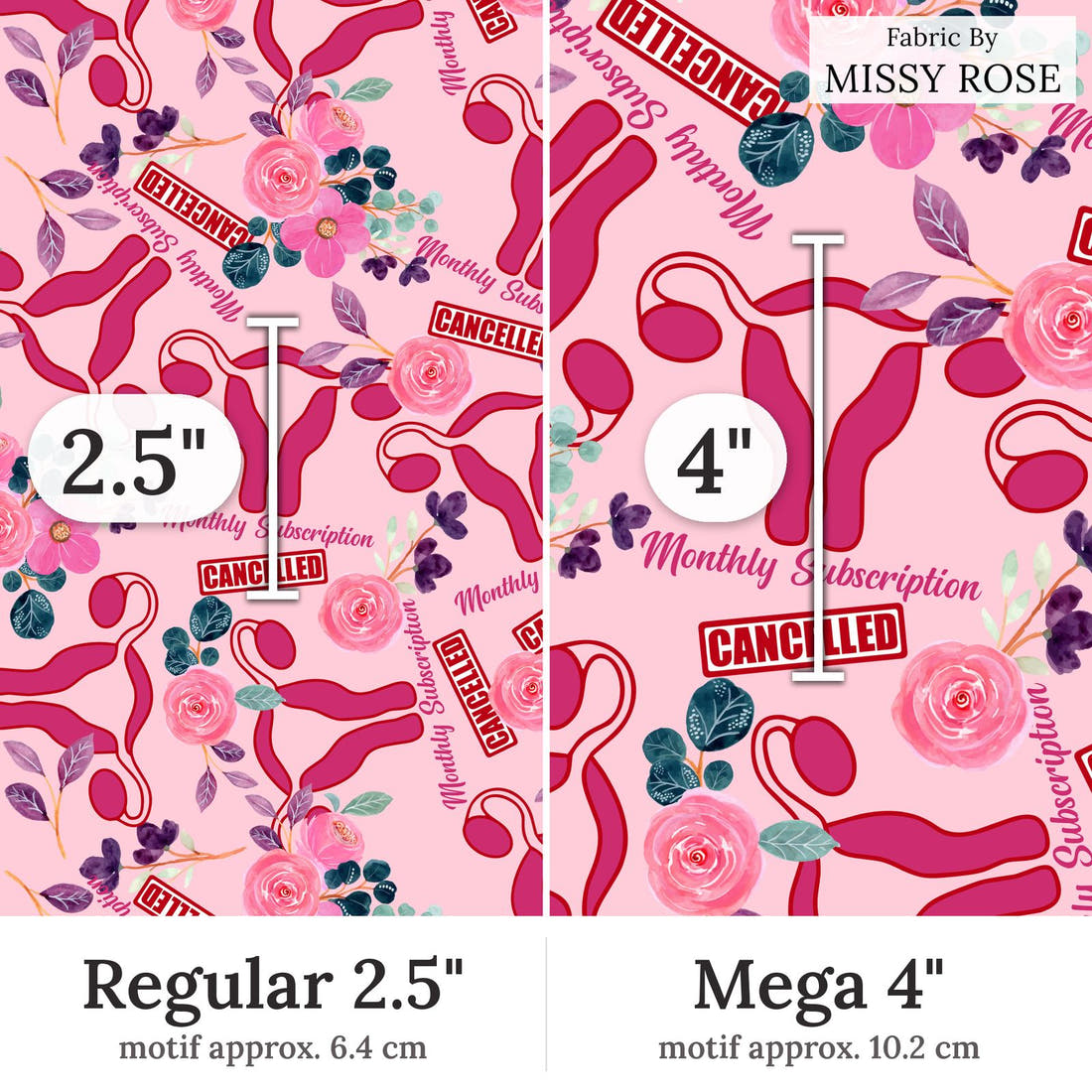 Design 353 Cancelled Fabric Regular 2.5 inch vs Mega 4 inch print scale side by side | Fabric by Missy Rose