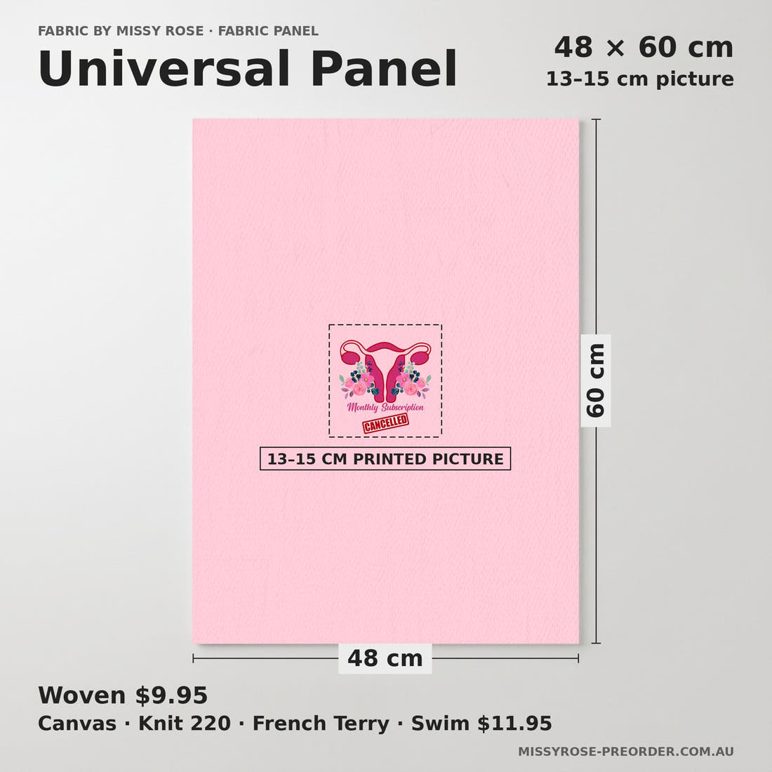 Design 353 Cancelled Panel universal panel sizing – 13–15 cm printed picture on 48 × 60 cm fabric | Fabric by Missy Rose