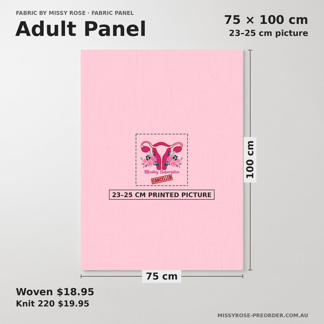 Design 353 Cancelled Panel adult panel sizing – 23–25 cm printed picture on 75 × 100 cm fabric | Fabric by Missy Rose